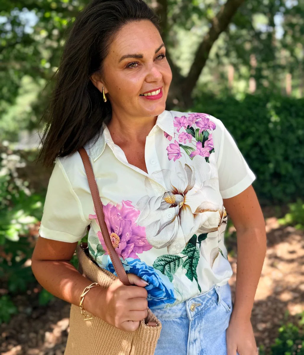 Blue Floral Short Sleeve Silky Shirt - Image 8
