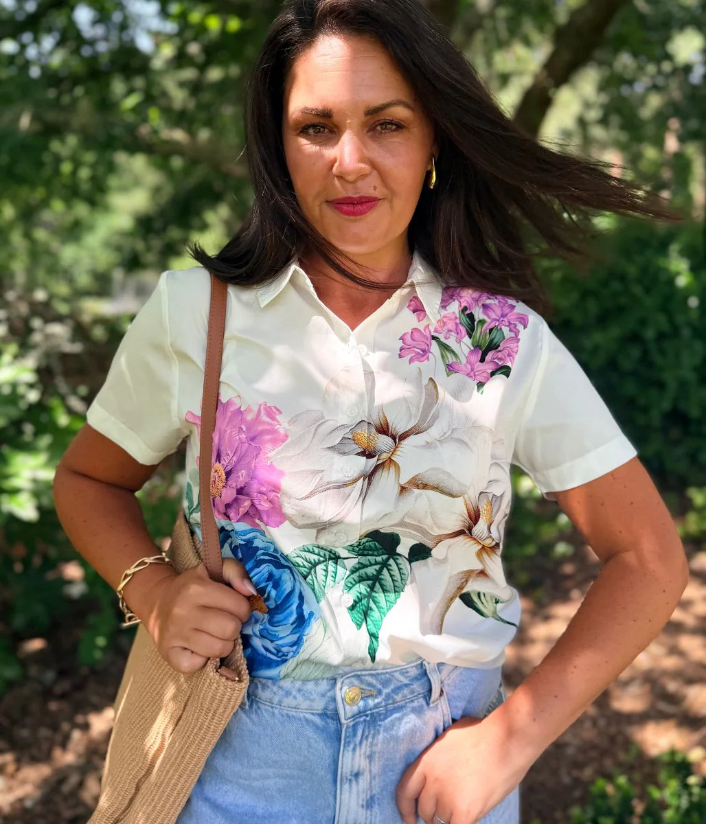 Blue Floral Short Sleeve Silky Shirt - Image 9