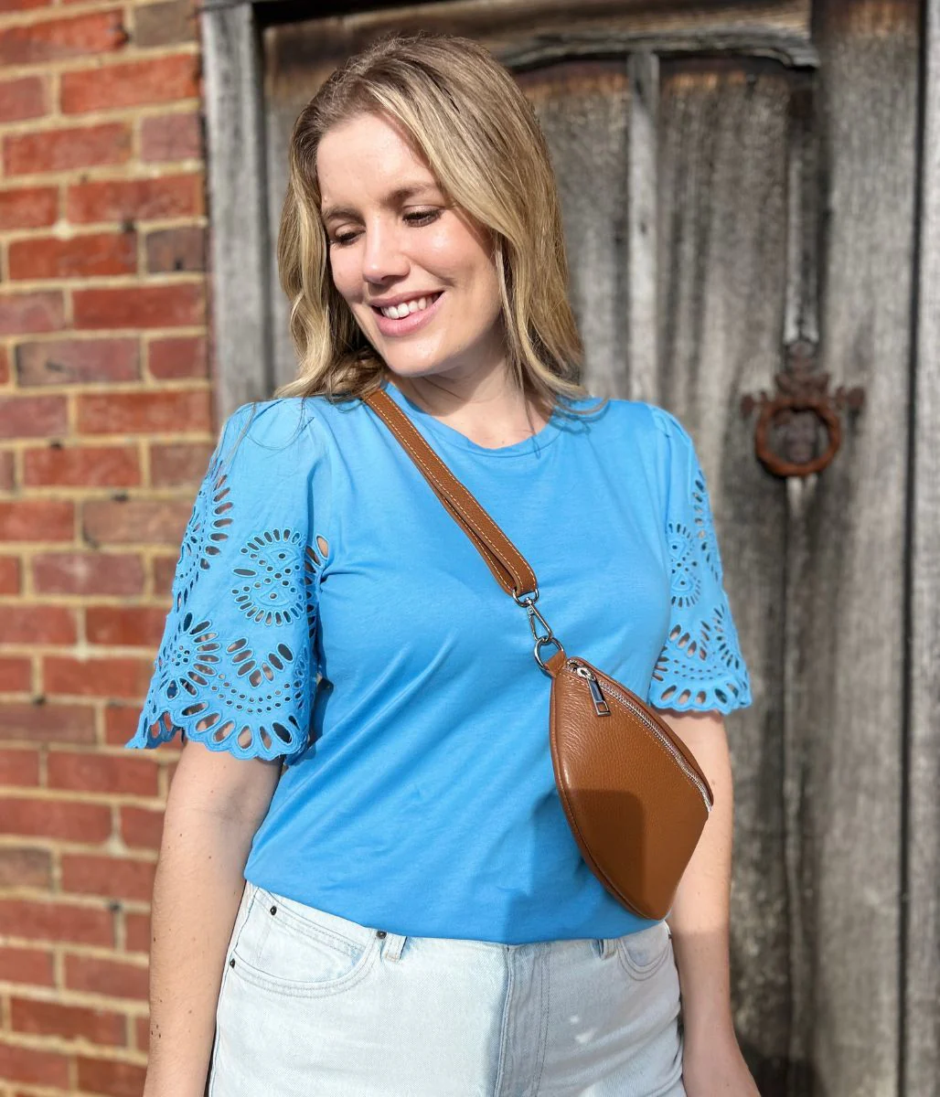 Blue Anglaise Detail Sleeve Cotton Top - Image 3