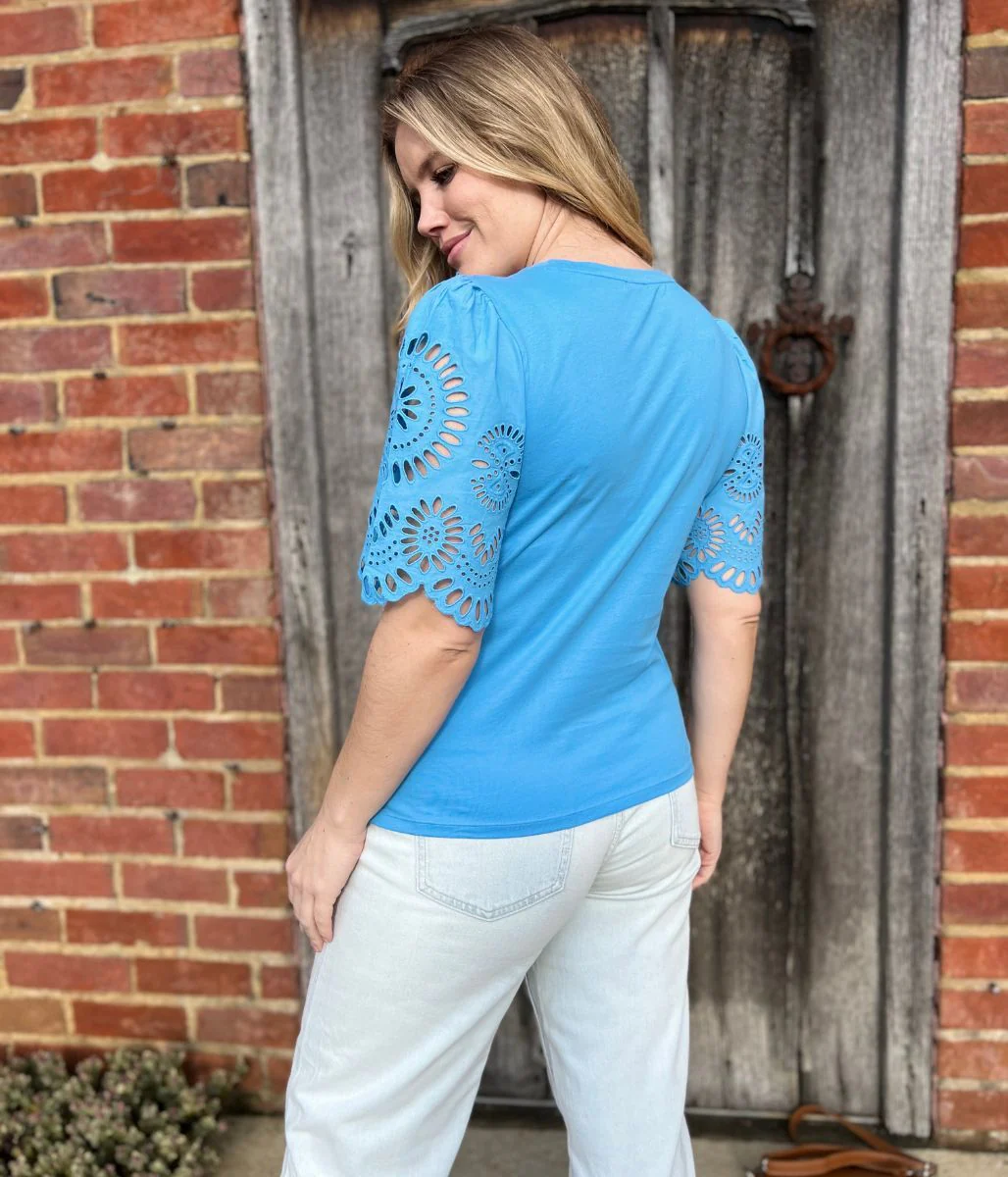 Blue Anglaise Detail Sleeve Cotton Top - Image 5
