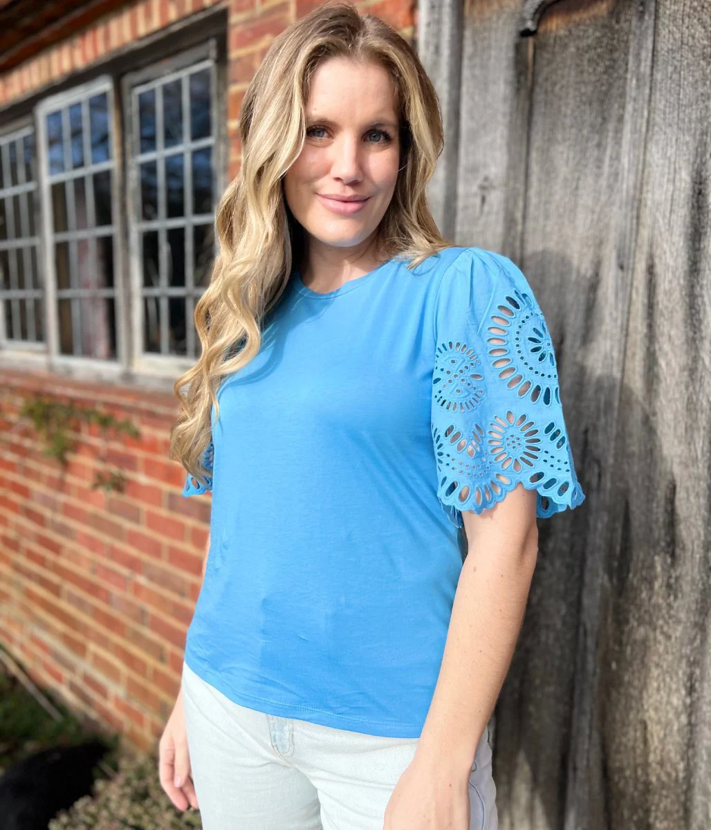Blue Anglaise Detail Sleeve Cotton Top - Image 6