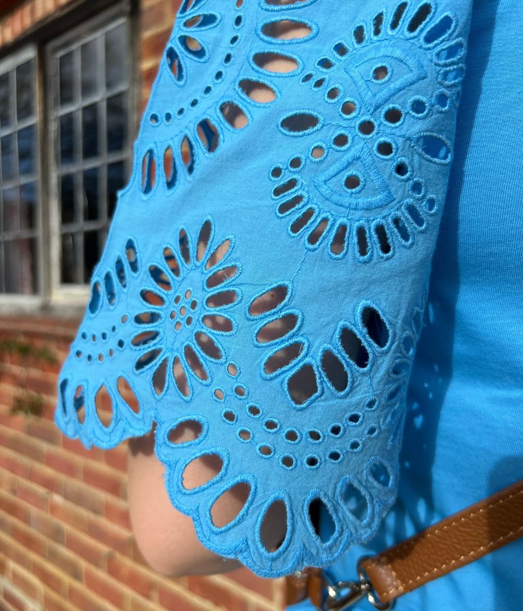 Blue Anglaise Detail Sleeve Cotton Top - Image 7