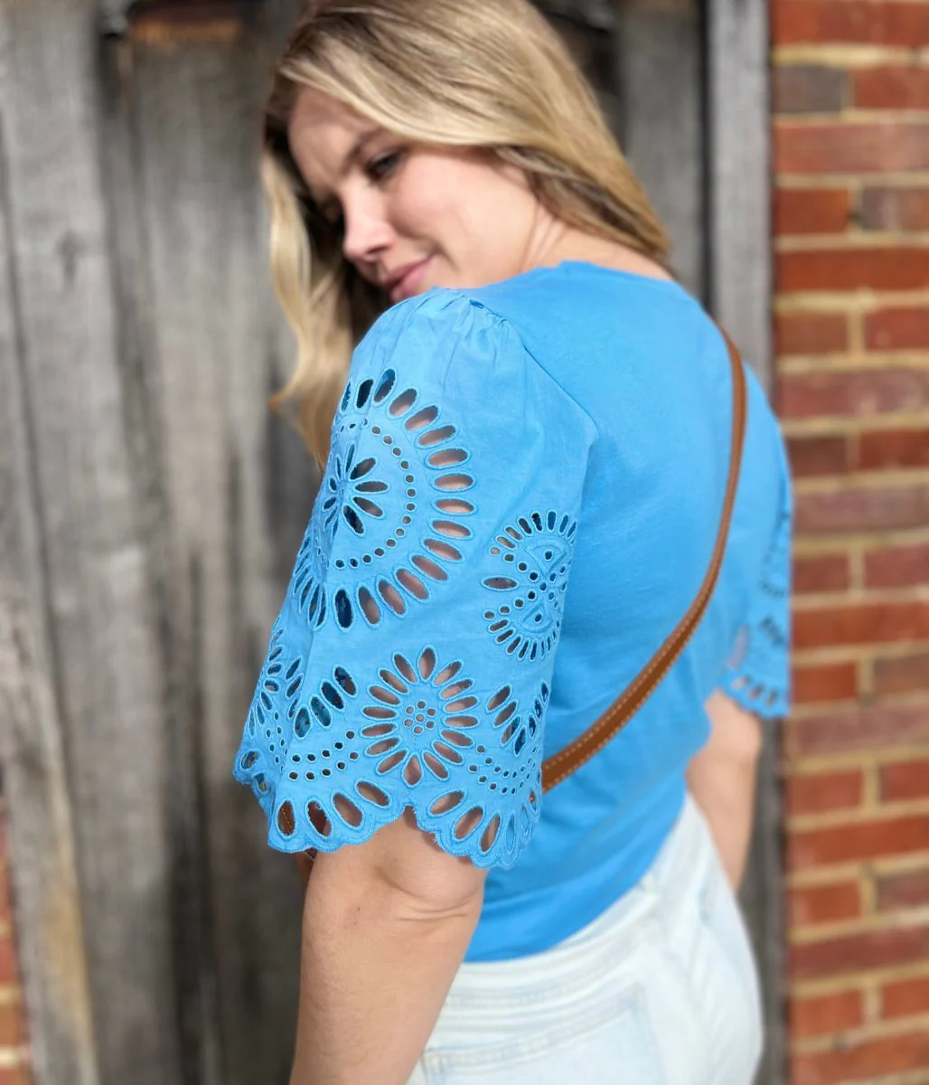 Blue Anglaise Detail Sleeve Cotton Top - Image 8