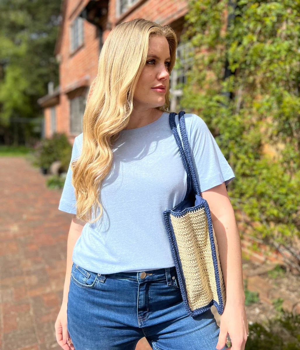Blue Linen Blend Crew Neck Top - Image 4