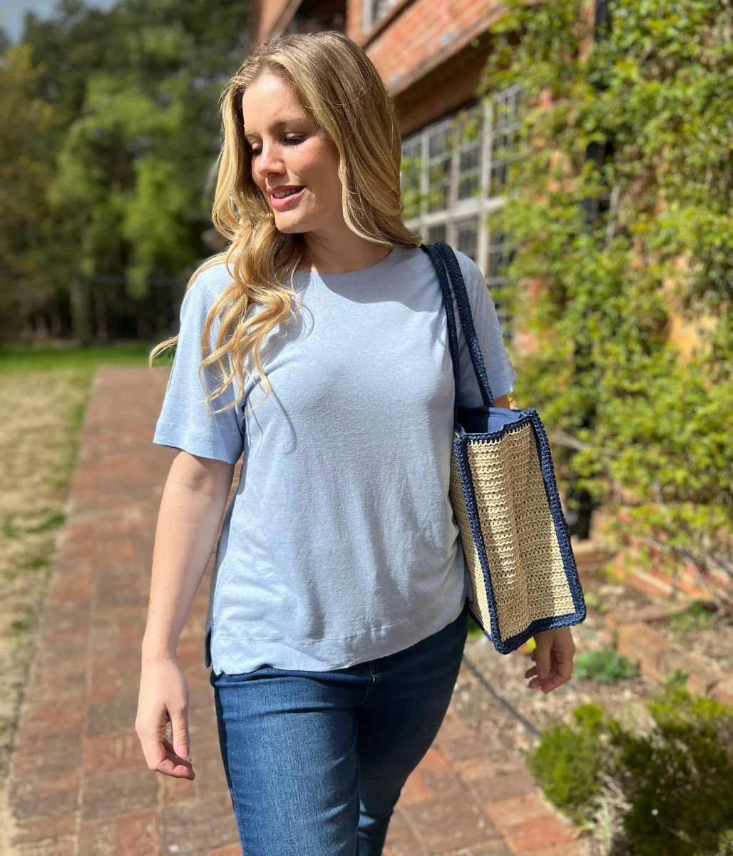Blue Linen Blend Crew Neck Top - Image 6