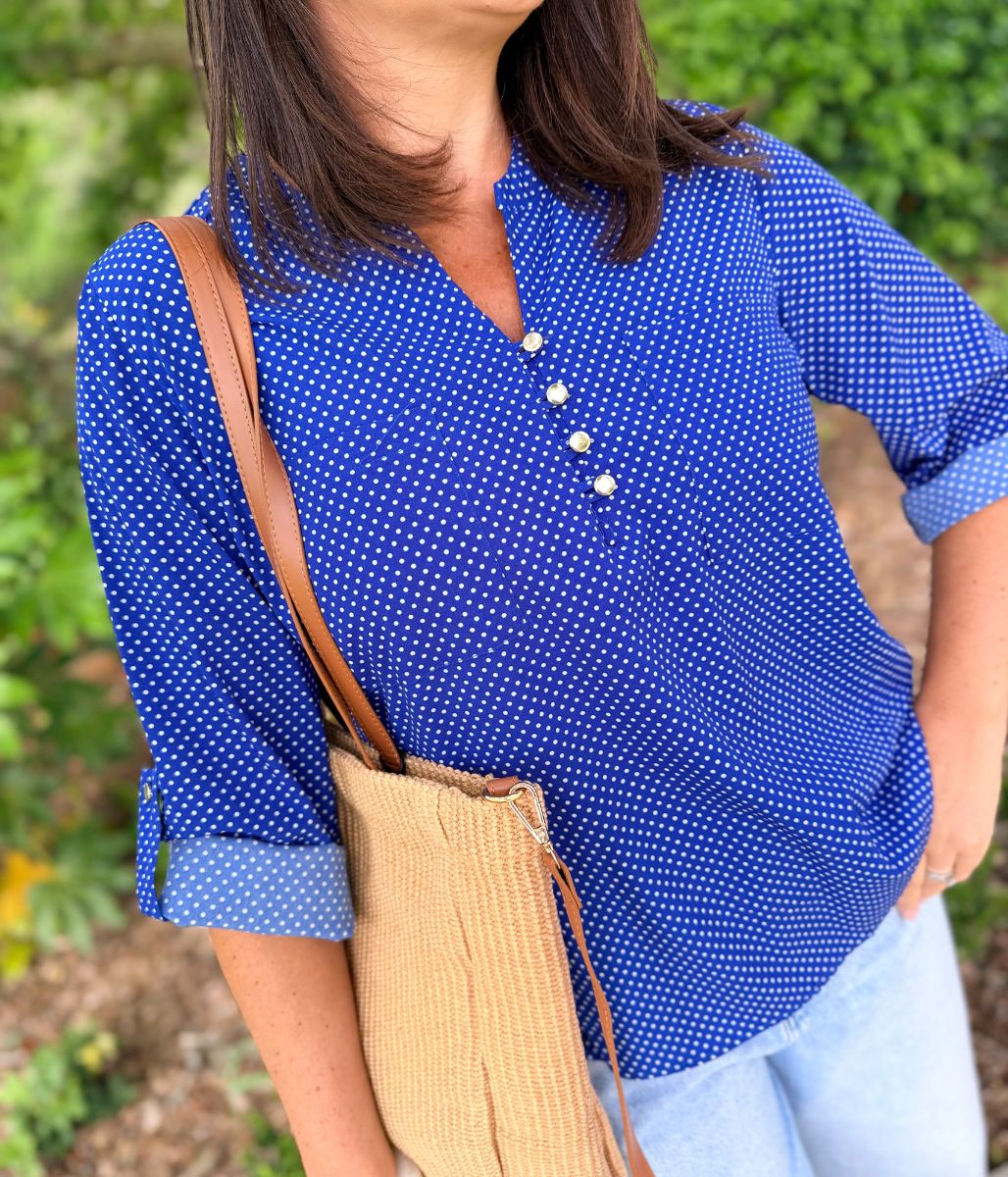 Blue Polka Dot Popover Blouse - Image 3