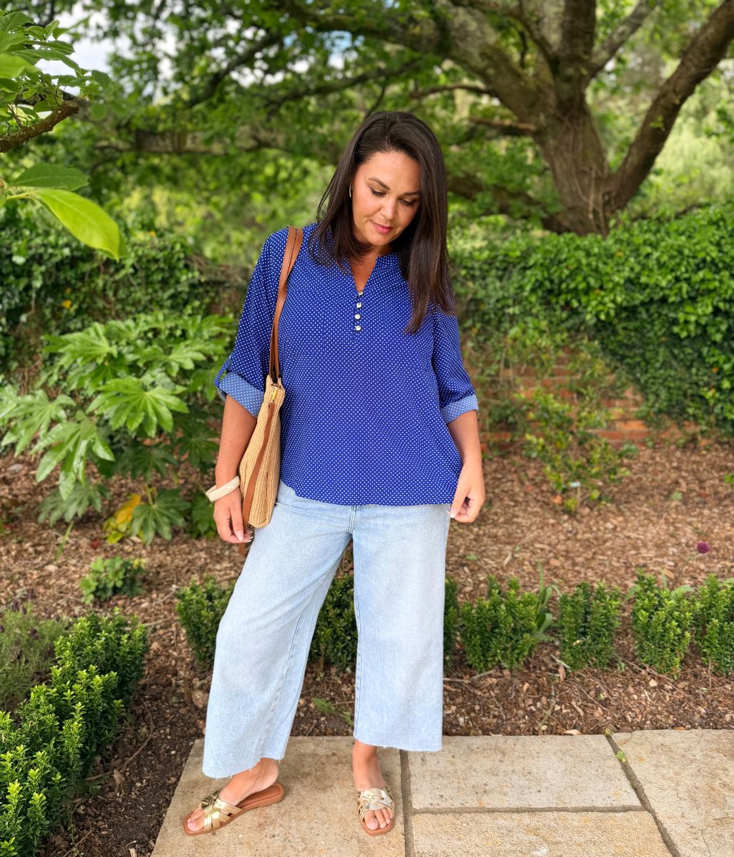 Blue Polka Dot Popover Blouse - Image 6