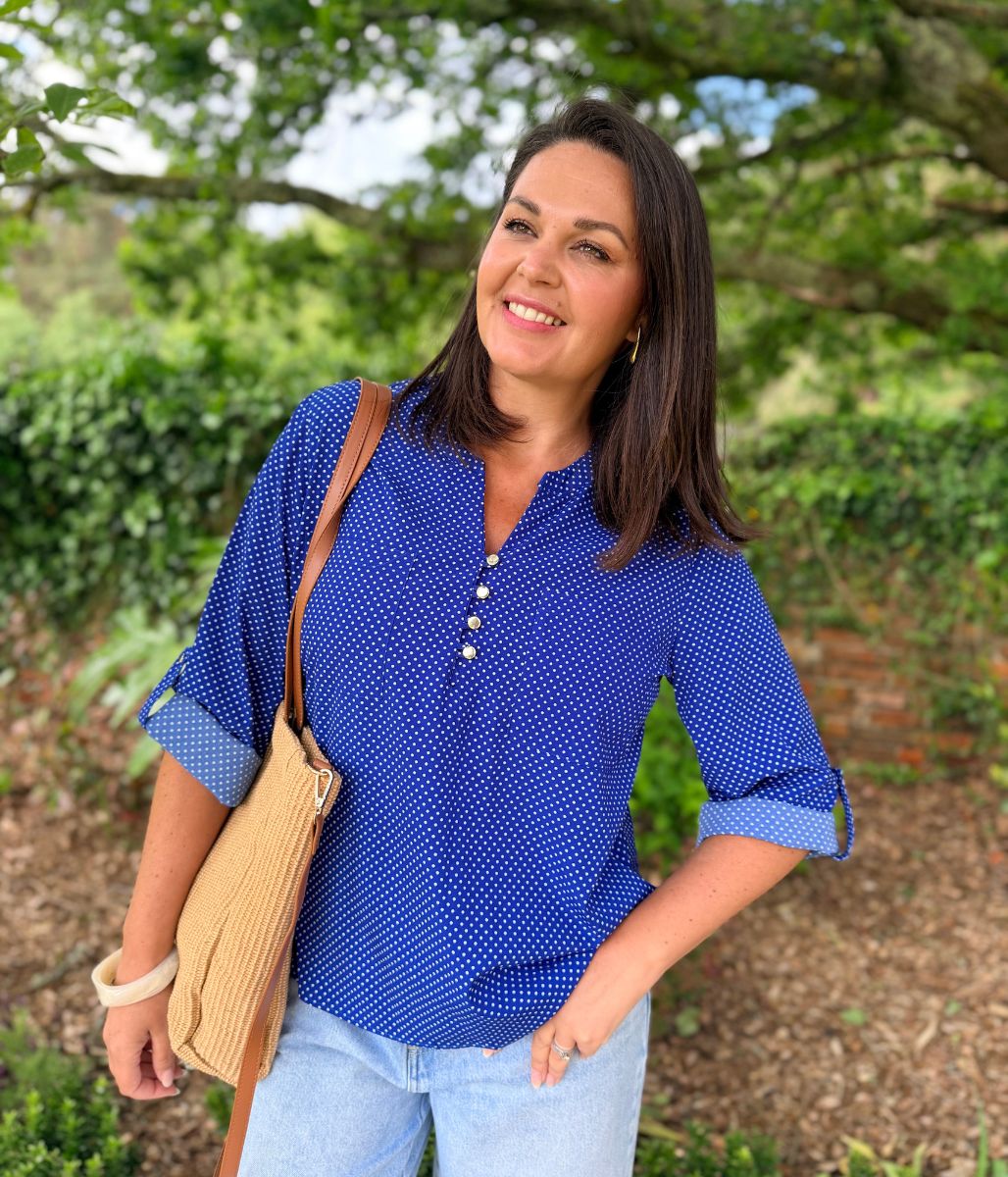 Blue Polka Dot Popover Blouse - Image 7