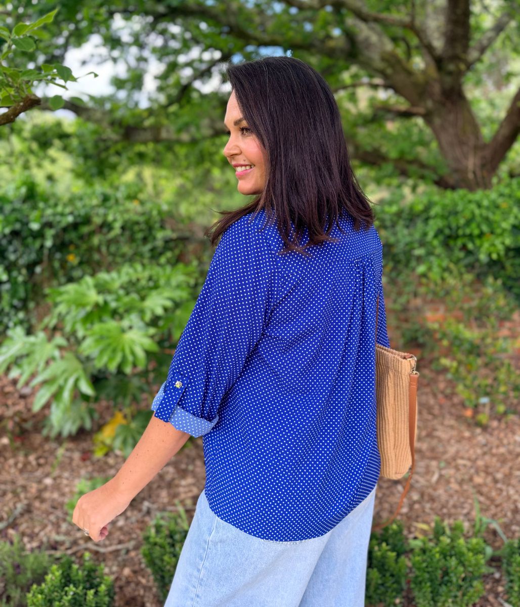 Blue Polka Dot Popover Blouse - Image 8