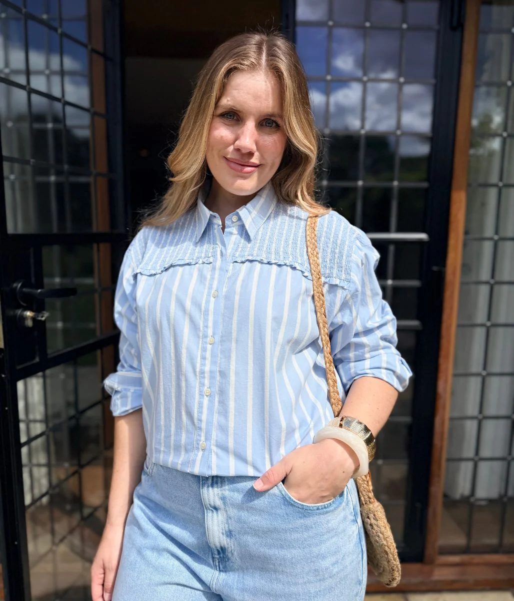 Blue Pure Cotton Shirred Striped Shirt - Image 3