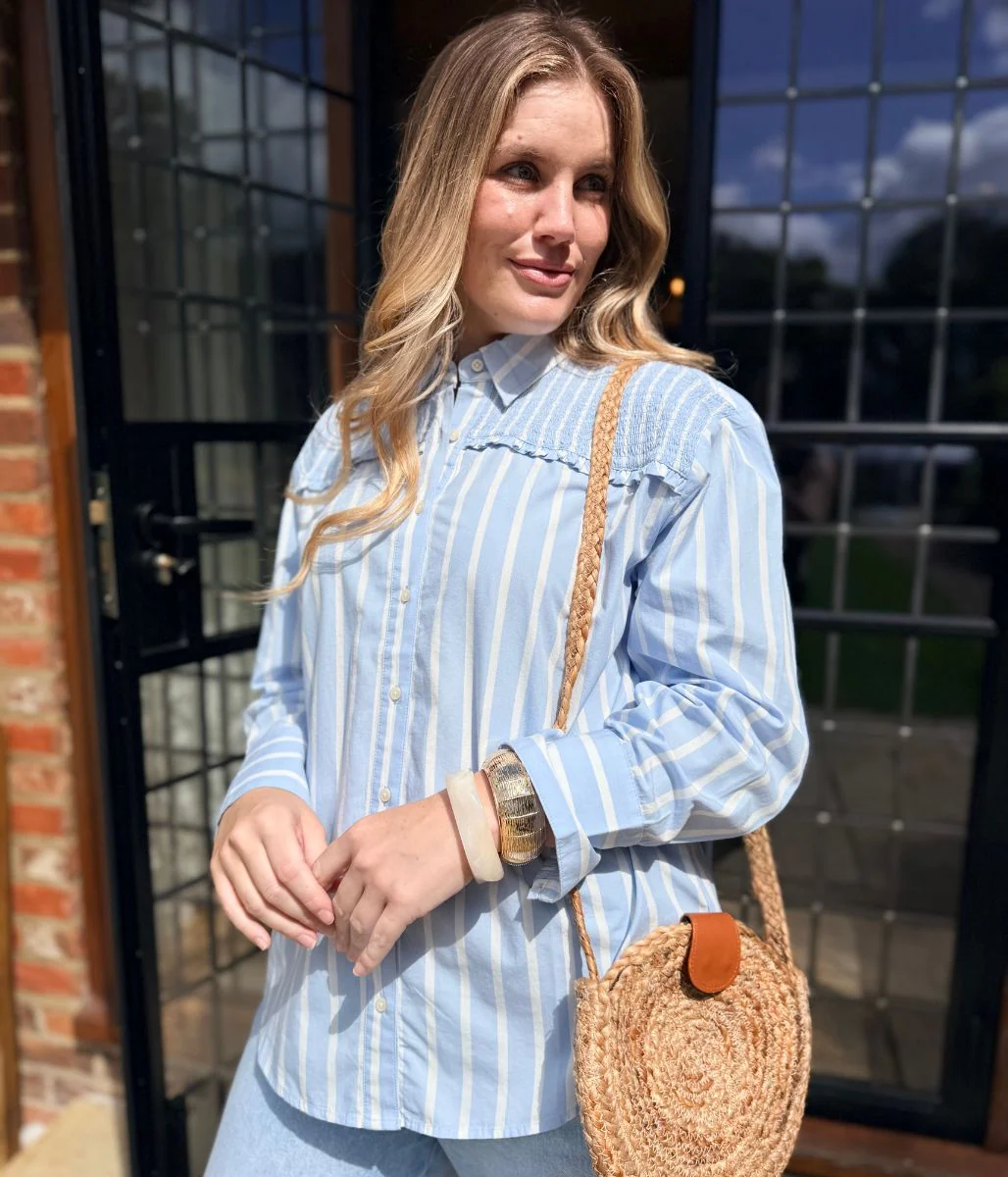 Blue Pure Cotton Shirred Striped Shirt - Image 4