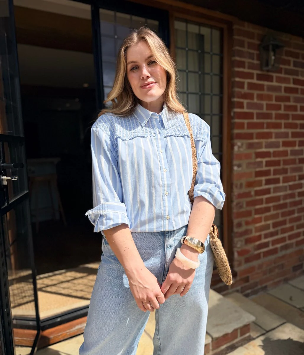 Blue Pure Cotton Shirred Striped Shirt - Image 5