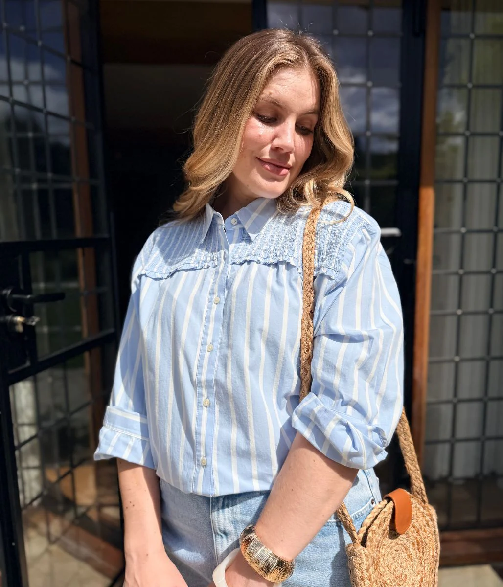 Blue Pure Cotton Shirred Striped Shirt - Image 6