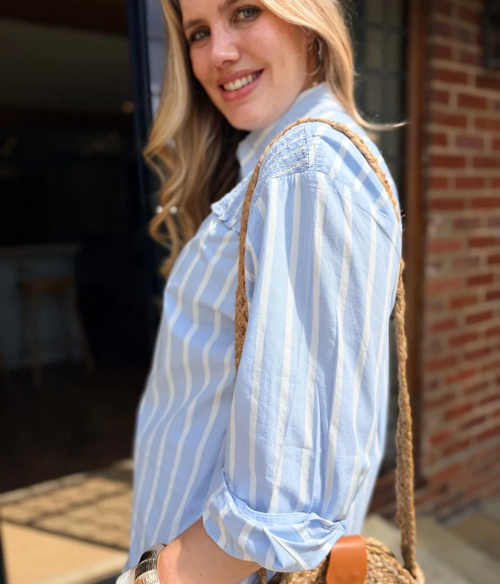 Blue Pure Cotton Shirred Striped Shirt - Image 7