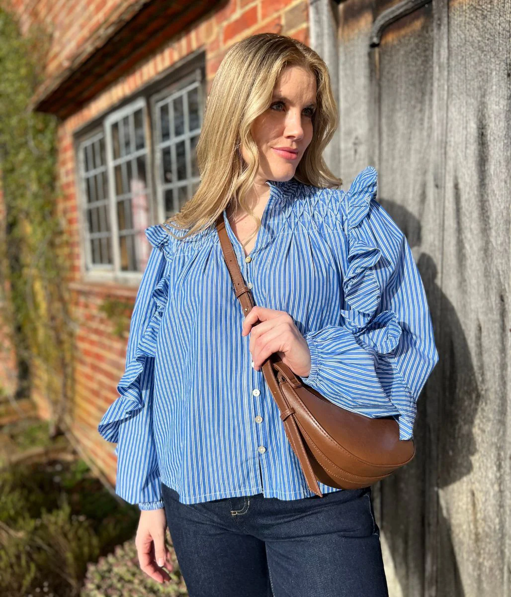 Blue Striped Ruffle Collar Cotton Blouse - Image 3