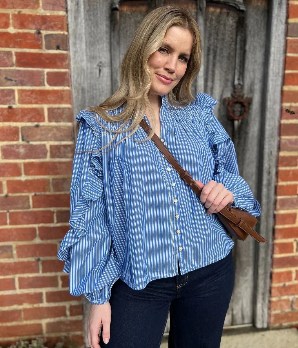 Blue Striped Ruffle Collar Cotton Blouse - Image 4