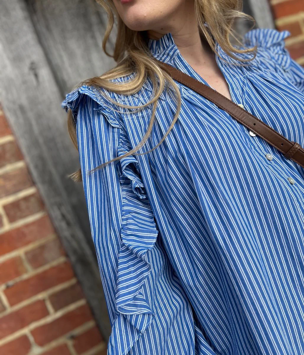 Blue Striped Ruffle Collar Cotton Blouse - Image 7