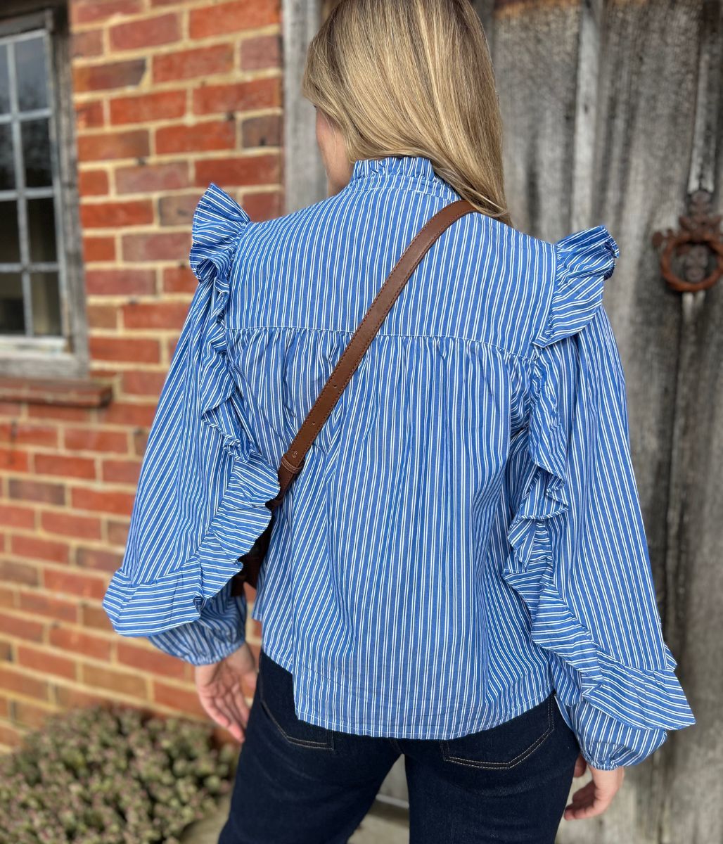Blue Striped Ruffle Collar Cotton Blouse - Image 9