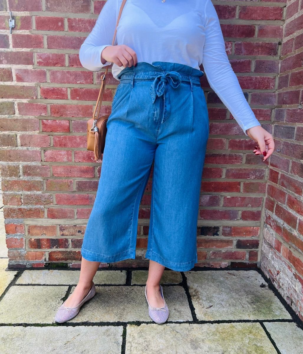 Blue Tencel Wide Leg Cropped Trousers - Image 2