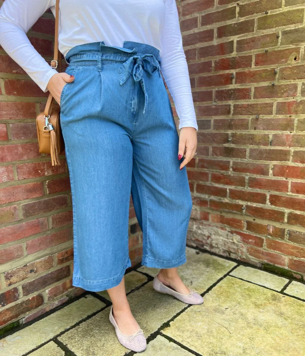 Blue Tencel Wide Leg Cropped Trousers - Image 6