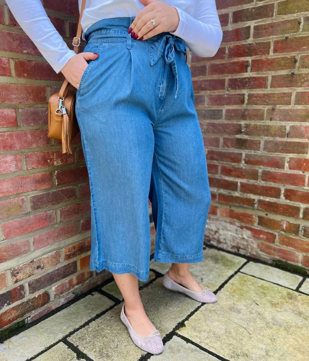 Blue Tencel Wide Leg Cropped Trousers - Image 7