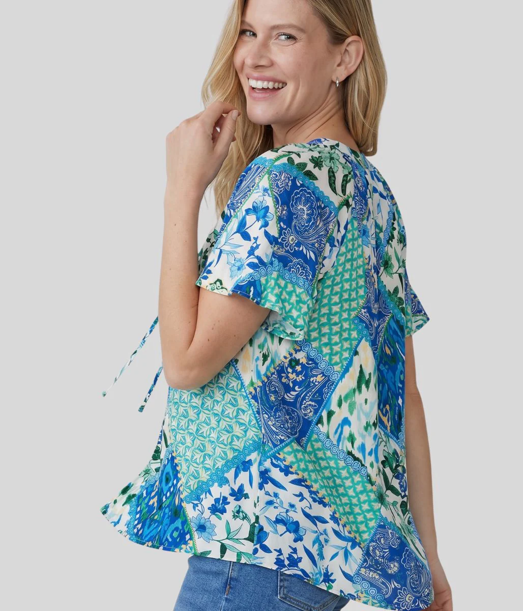 Blue Tie Neck Printed Short Sleeve Top - Image 3