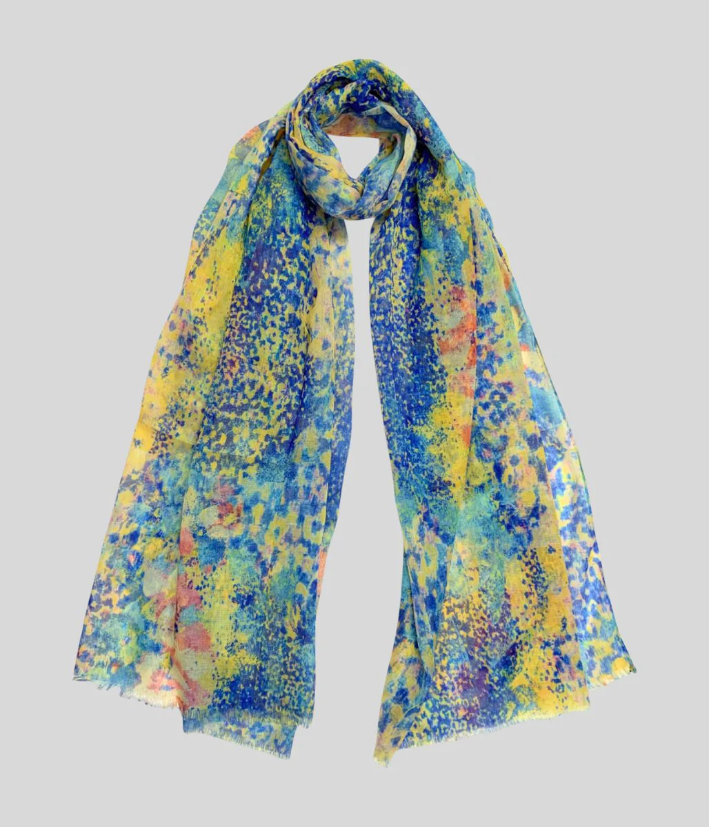 Blue Watercolour Print Cotton Blend Scarf - Image 3