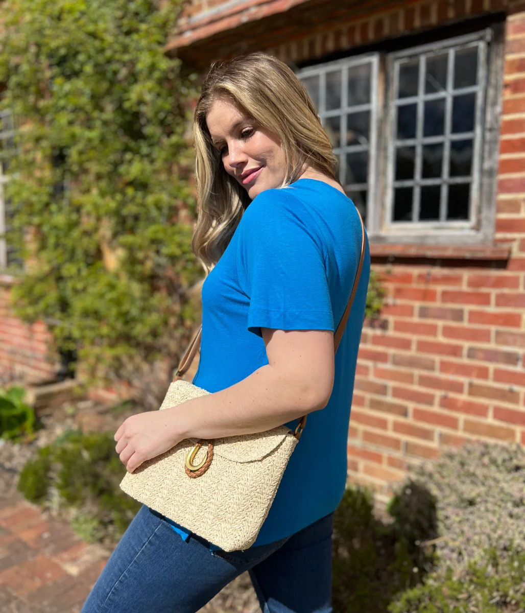 Bright Blue Linen Blend Crew Neck Top - Image 4