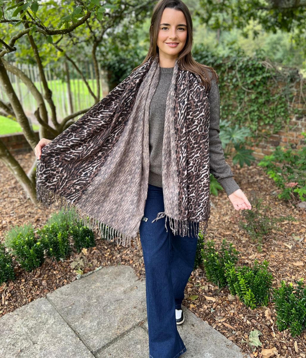 Brown Animal Print Cashmere Blend Scarf - Image 3