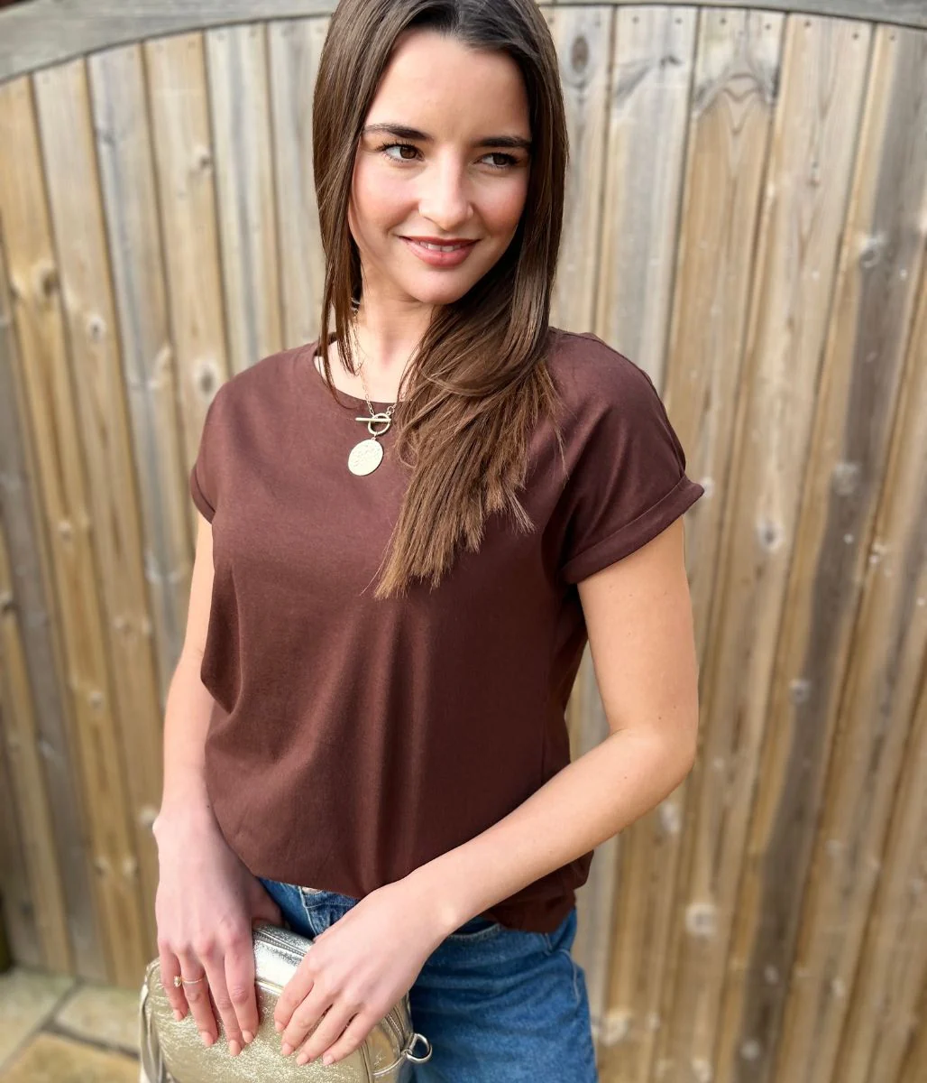 Brown Cap Sleeve Cotton T Shirt - Image 2