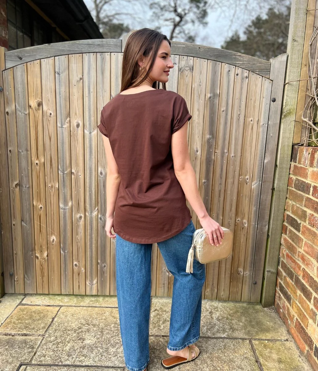 Brown Cap Sleeve Cotton T Shirt - Image 3
