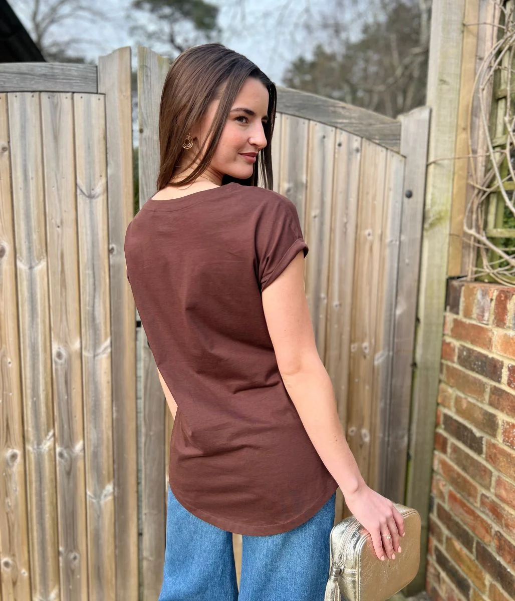 Brown Cap Sleeve Cotton T Shirt - Image 4