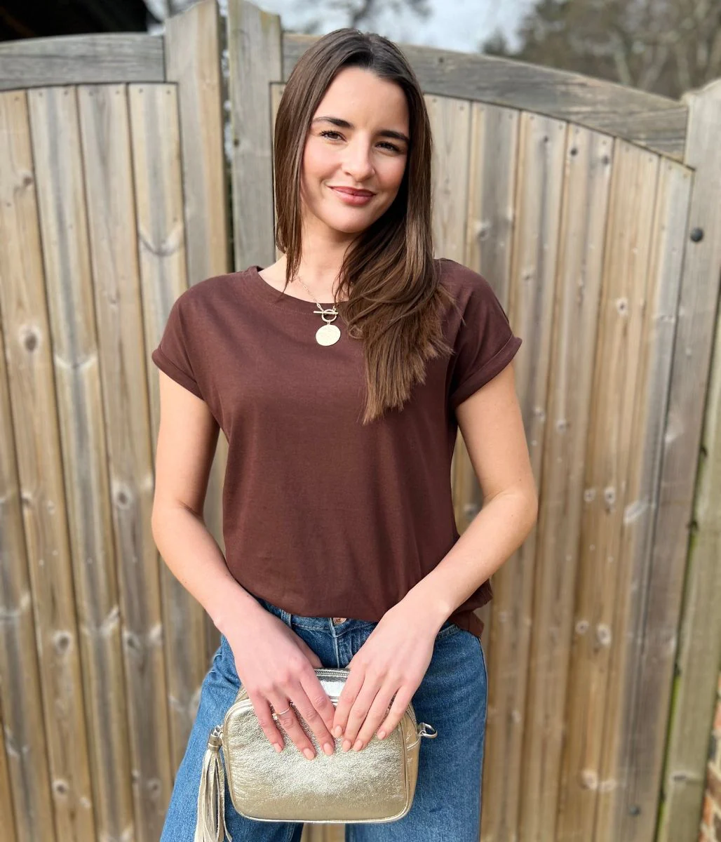 Brown Cap Sleeve Cotton T Shirt - Image 5