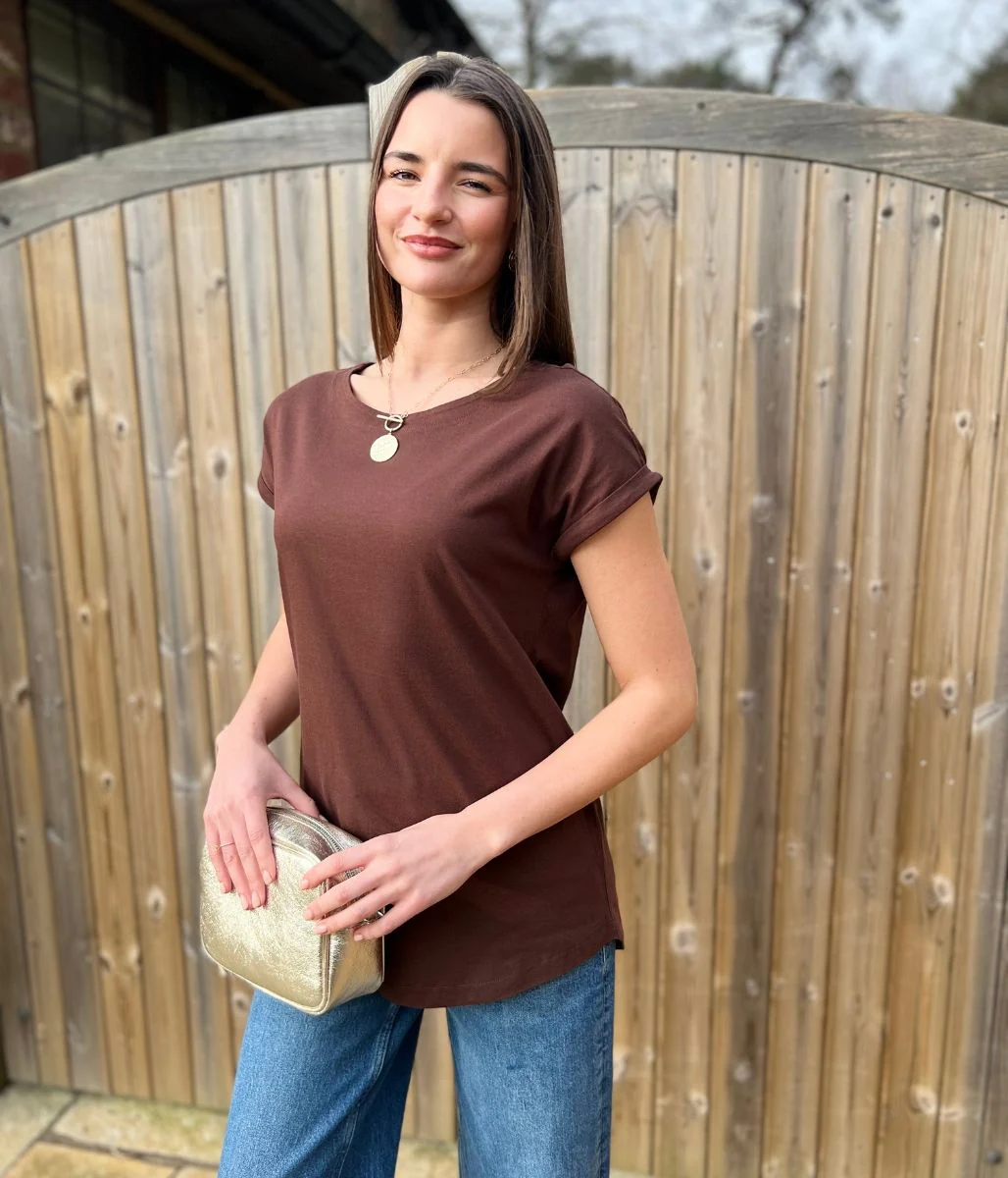 Brown Cap Sleeve Cotton T Shirt - Image 6