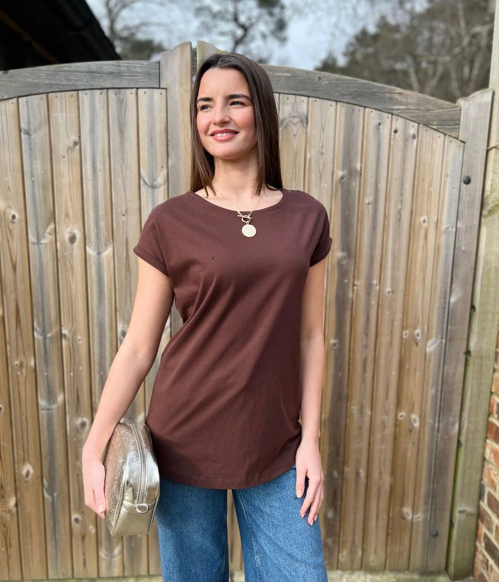 Brown Cap Sleeve Cotton T Shirt - Image 7