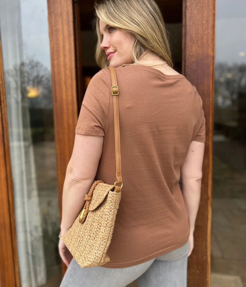 Brown Pure Cotton V Neck T Shirt - Image 3