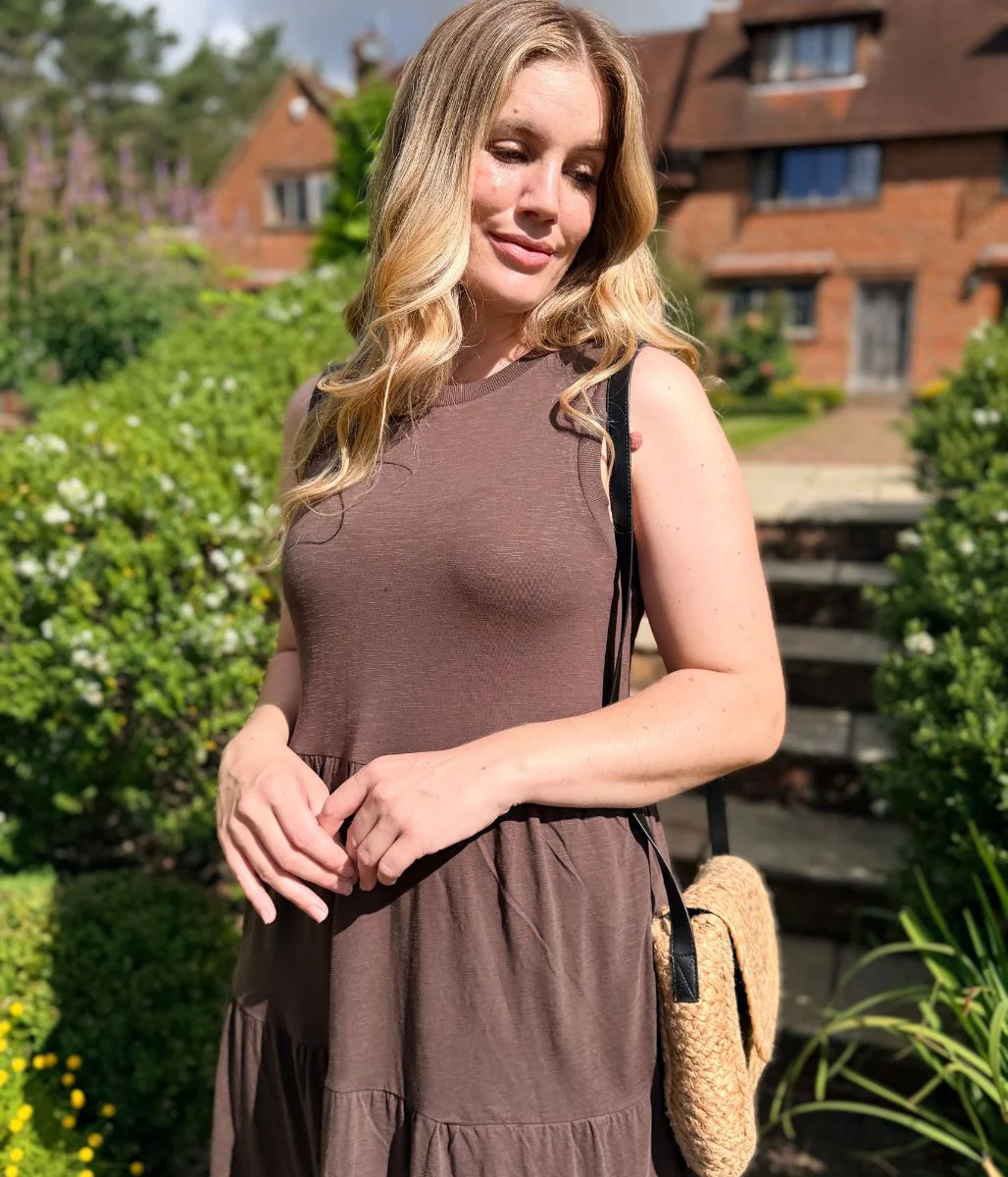 Brown Sleeveless Cotton Slub Jersey Tiered Midi Dress - Image 3