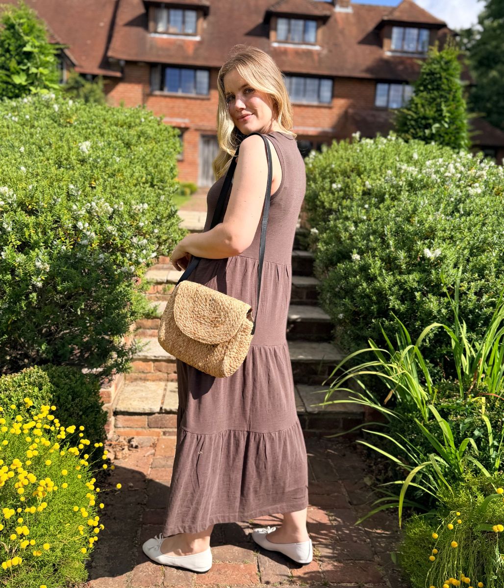 Brown Sleeveless Cotton Slub Jersey Tiered Midi Dress - Image 4