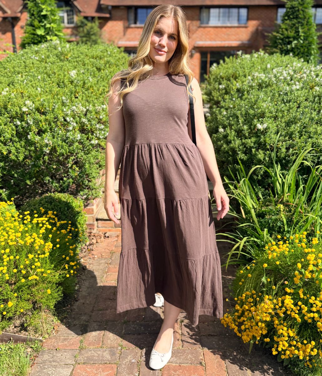 Brown Sleeveless Cotton Slub Jersey Tiered Midi Dress - Image 5