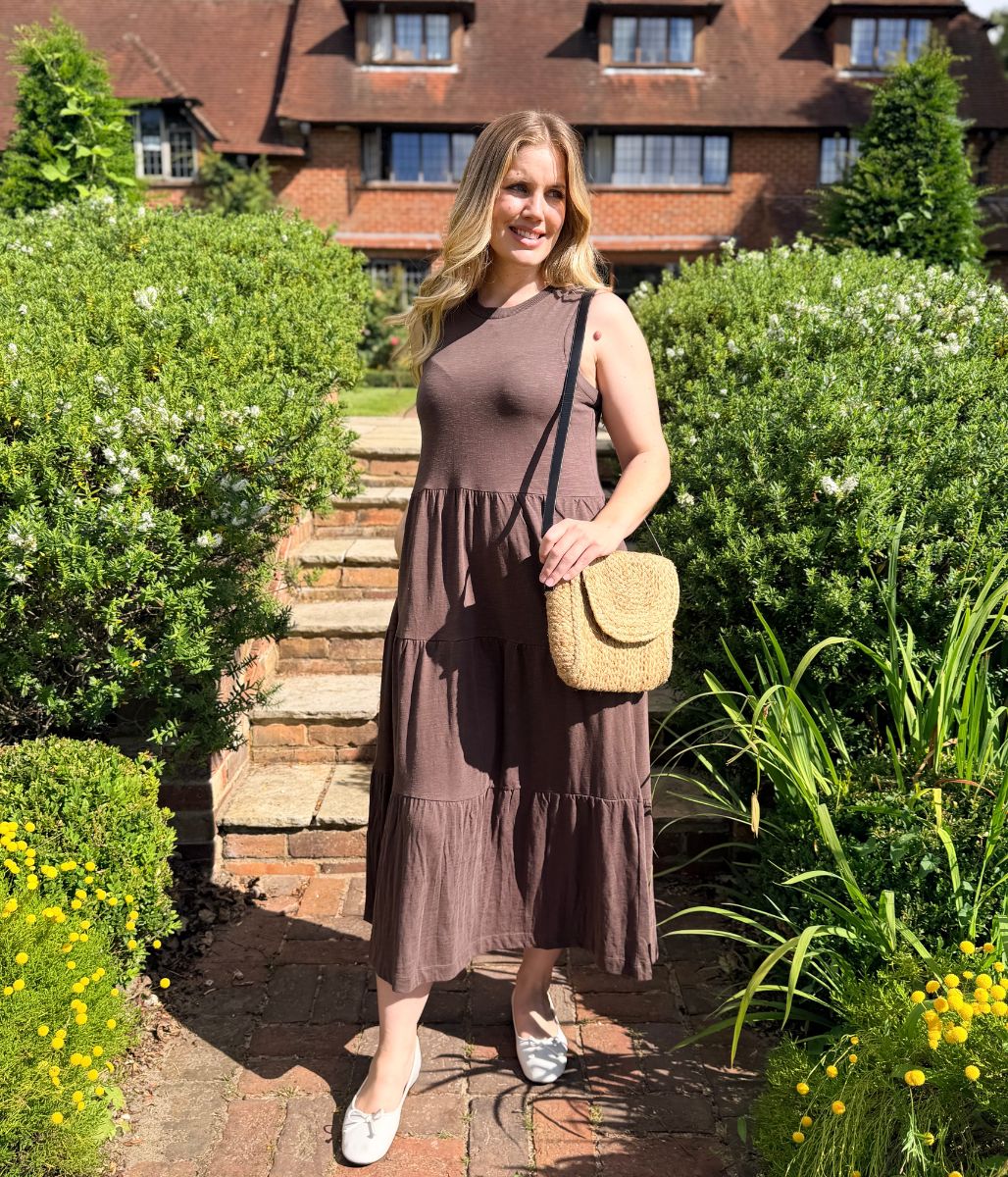 Brown Sleeveless Cotton Slub Jersey Tiered Midi Dress - Image 6