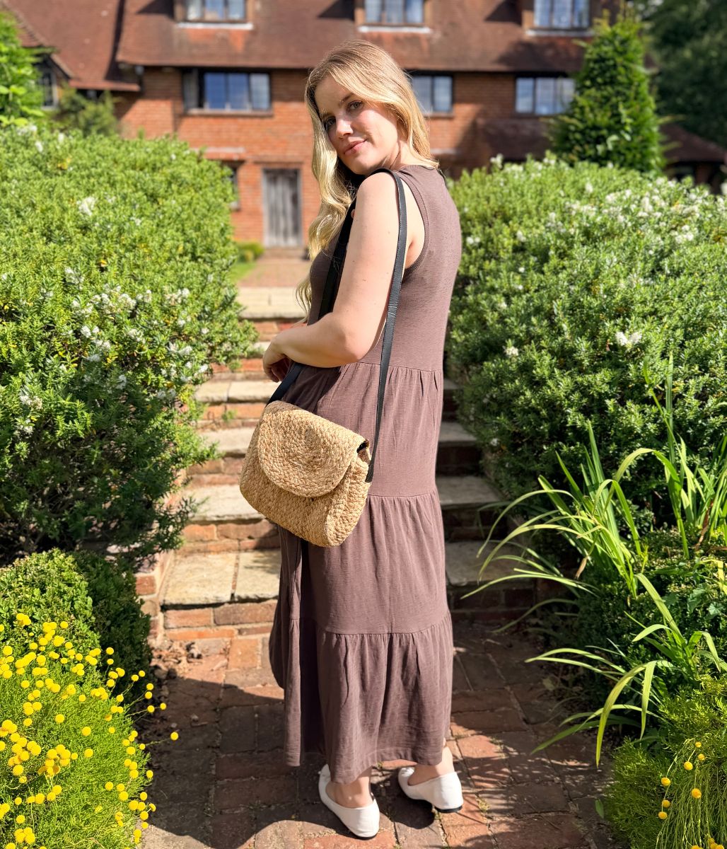 Brown Sleeveless Cotton Slub Jersey Tiered Midi Dress - Image 7