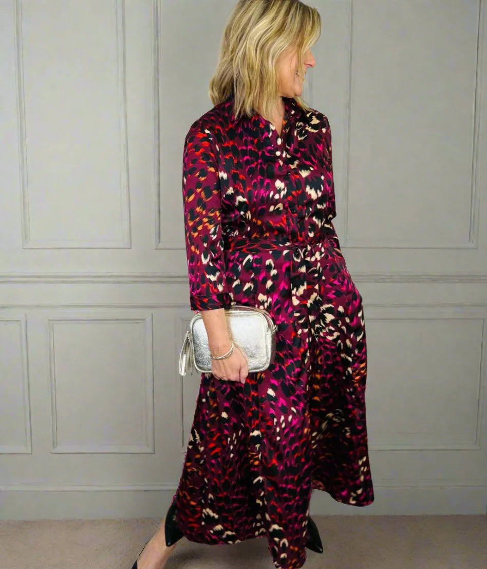 Burgundy Ava Peacock Print Satin Shirt Dress - Image 3