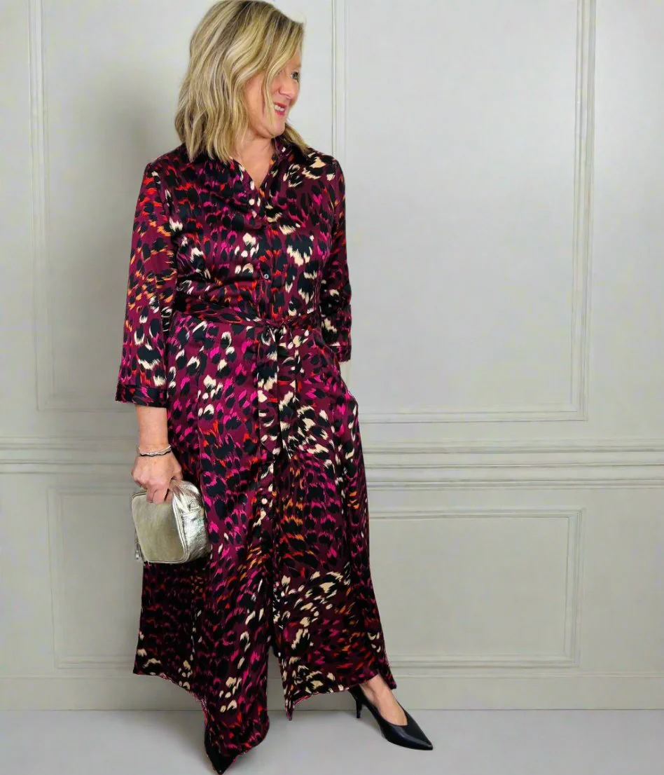 Burgundy Ava Peacock Print Satin Shirt Dress - Image 4