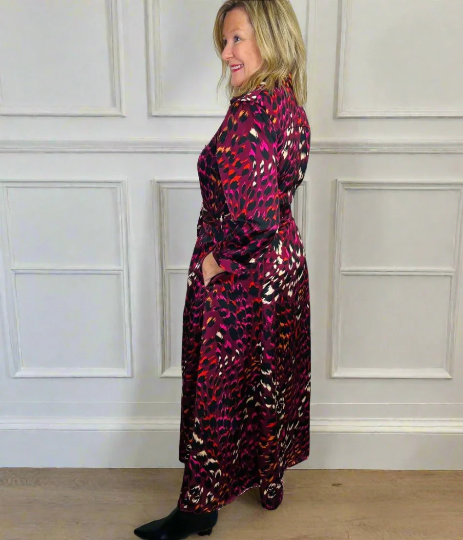 Burgundy Ava Peacock Print Satin Shirt Dress - Image 5