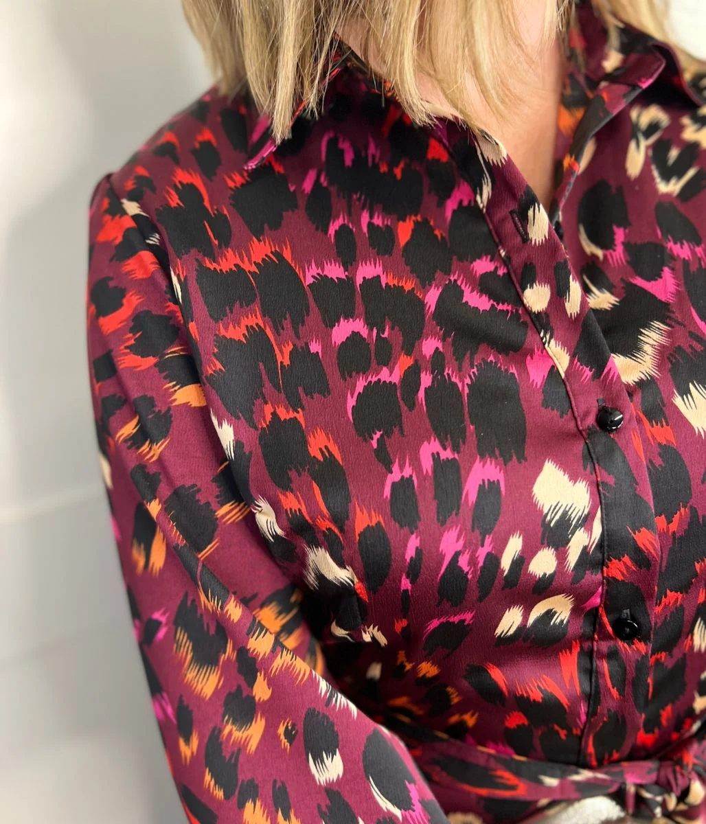 Burgundy Ava Peacock Print Satin Shirt Dress - Image 6