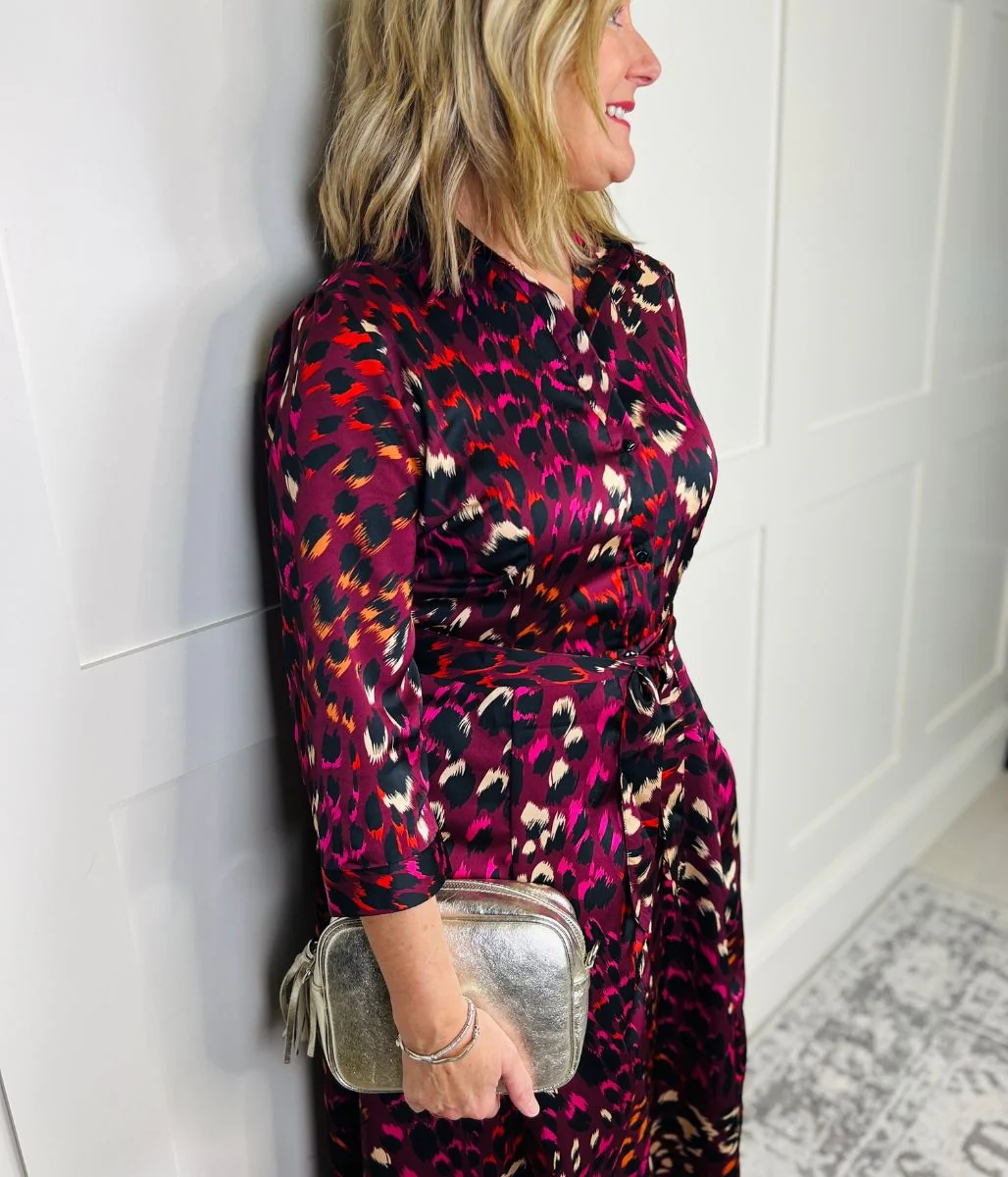 Burgundy Ava Peacock Print Satin Shirt Dress - Image 7