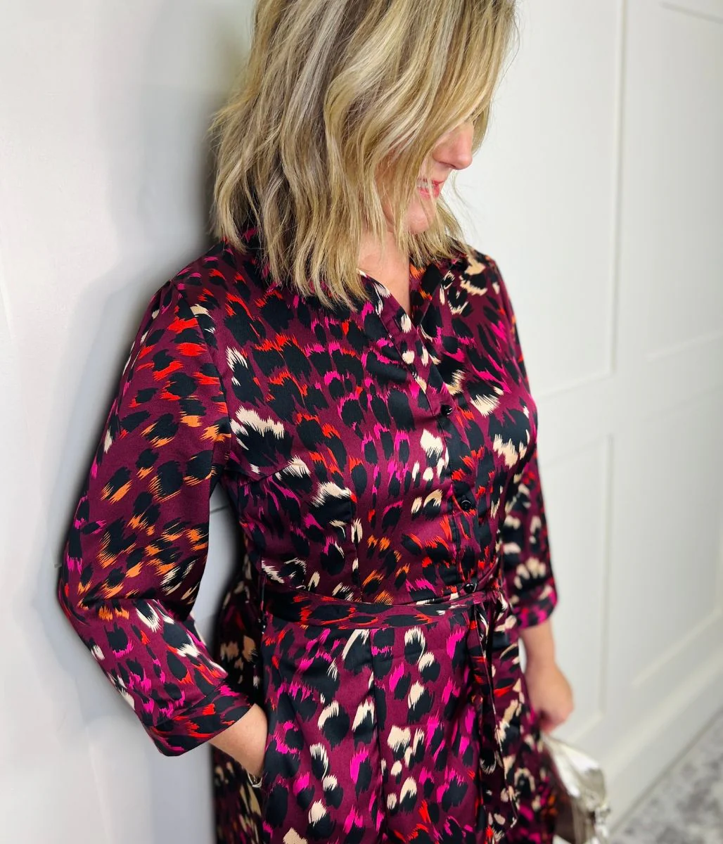 Burgundy Ava Peacock Print Satin Shirt Dress - Image 8