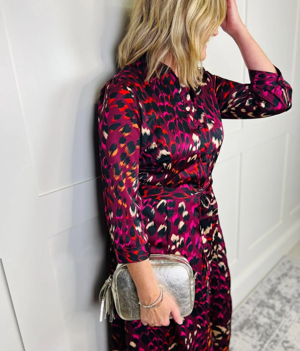 Burgundy Ava Peacock Print Satin Shirt Dress - Image 9