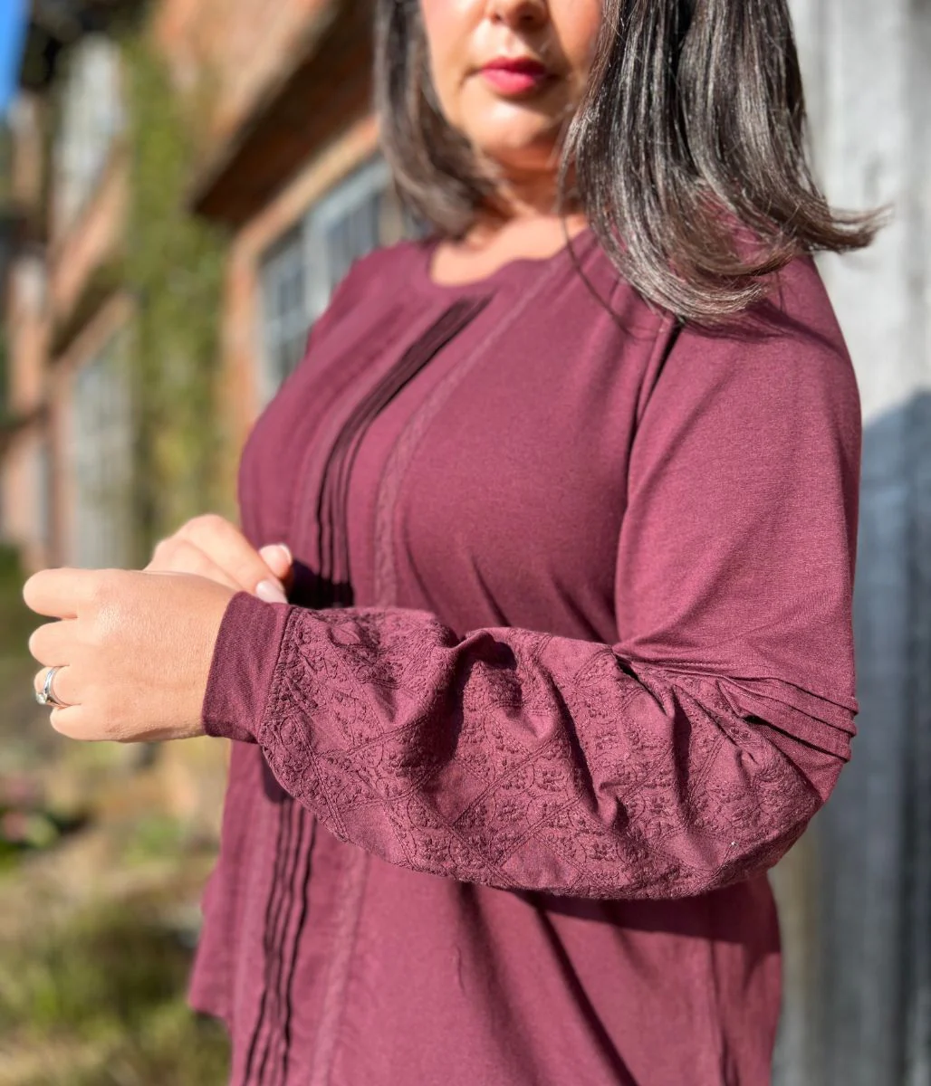 Burgundy Pintuck Long Sleeve Top - Image 8