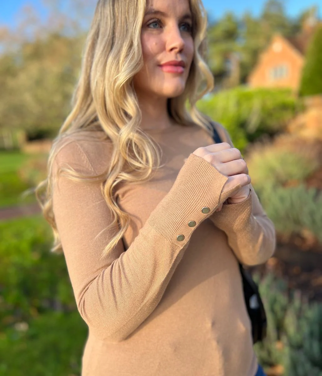 Camel Fine Knit Button Cuff Jumper - Image 3